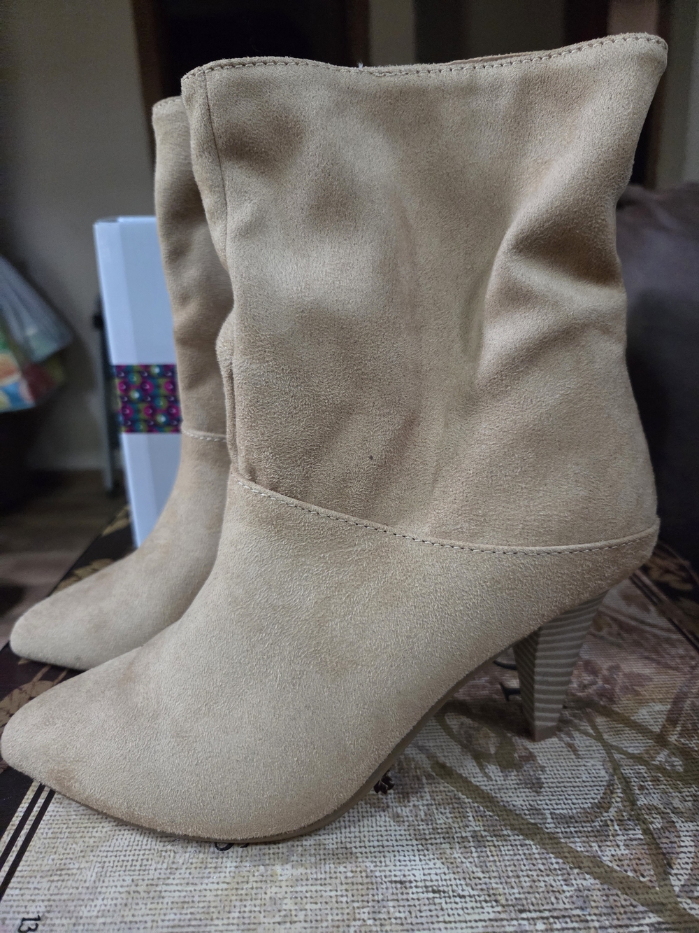 Express Beige Suede Slouch Mid-Calf Pointed Toe Heeled Boots
